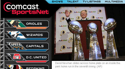 Comcast Sportnet Mid-Atlantic web page. Picture shows Joe Gibbs behind 3 Super Bowl trophies. Caption reads DAVID NEWHAN SLIDES ACROSS HOME PLATE ON AN INSIDE THE PARK HOME RUN IN THE SEVENTH INNING.