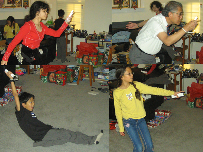 Celso, Miranda, Victoria and Ian play Wii Bowling.